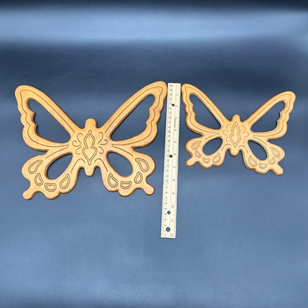 Vintage Butterfly Wooden Wall Hangings 1970s Retro Brown Boho Decor 3 Pieces - Picture 8 of 9